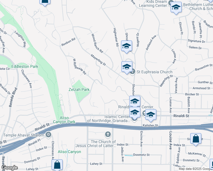 map of restaurants, bars, coffee shops, grocery stores, and more near 17770 Ridgeway Road in Los Angeles