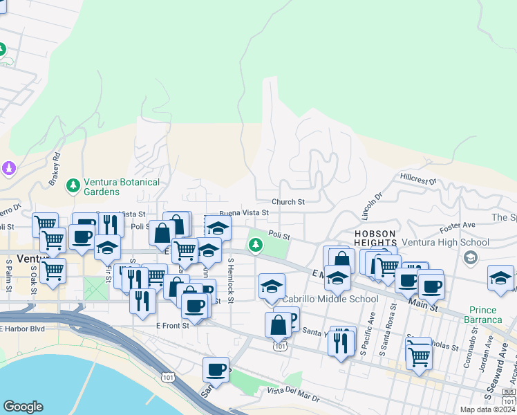 map of restaurants, bars, coffee shops, grocery stores, and more near 1358 Buena Vista Street in Ventura