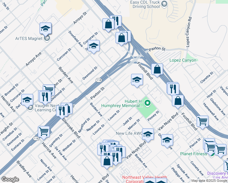 map of restaurants, bars, coffee shops, grocery stores, and more near 11714 Sproule Avenue in Los Angeles