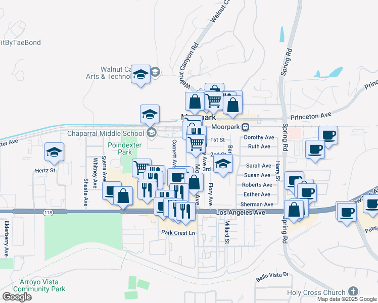map of restaurants, bars, coffee shops, grocery stores, and more near 375 Moorpark Avenue in Moorpark