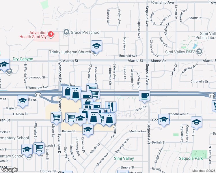 map of restaurants, bars, coffee shops, grocery stores, and more near 2621 Bitternut Circle in Simi Valley