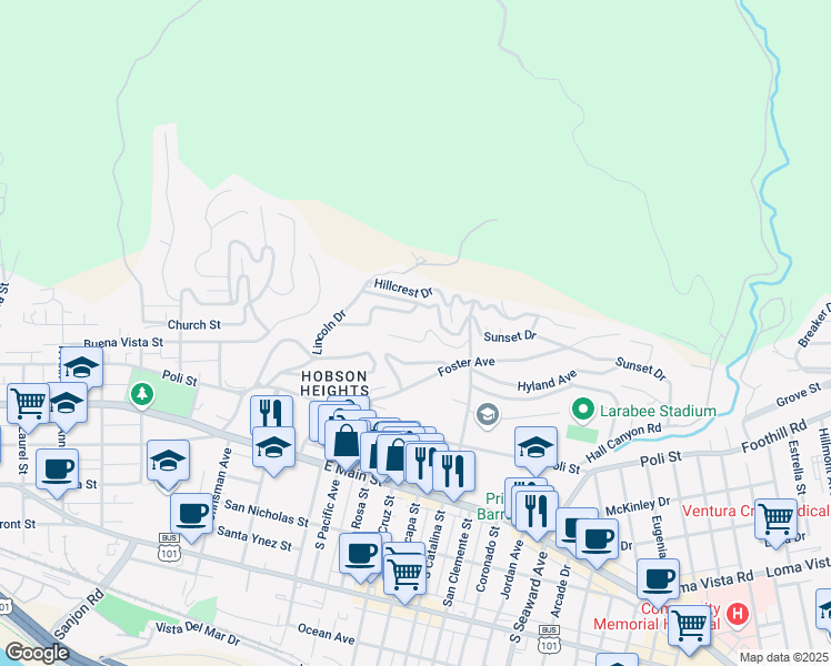 map of restaurants, bars, coffee shops, grocery stores, and more near 1903 Terrace Drive in Ventura