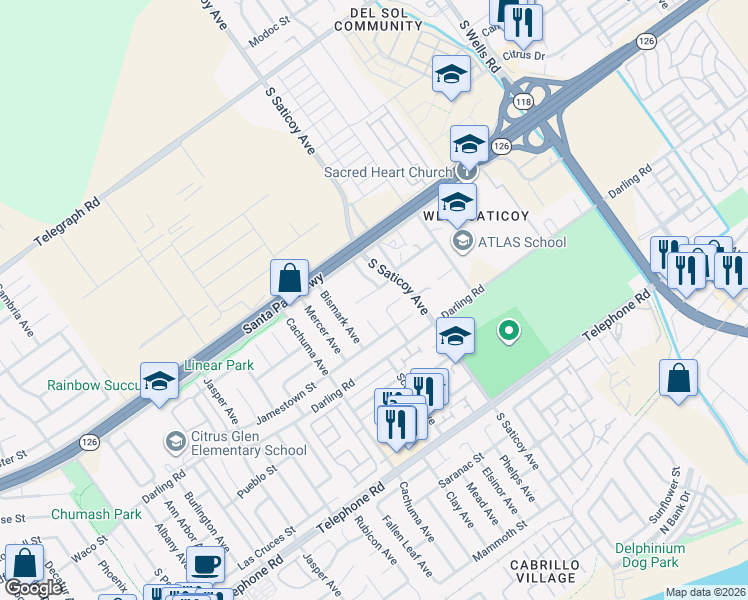 map of restaurants, bars, coffee shops, grocery stores, and more near 10432 New Haven Street in Ventura