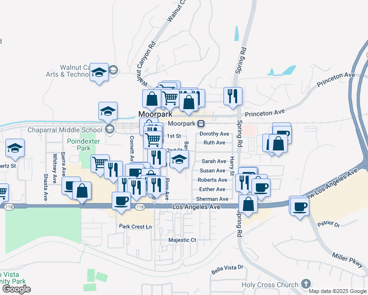 map of restaurants, bars, coffee shops, grocery stores, and more near 379 Bard Street in Moorpark
