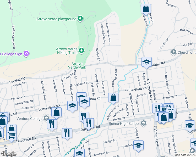map of restaurants, bars, coffee shops, grocery stores, and more near 324 Arnett Avenue in Ventura
