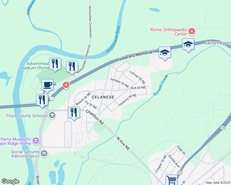 map of restaurants, bars, coffee shops, grocery stores, and more near 18 Elmwood Street Northeast in Rome