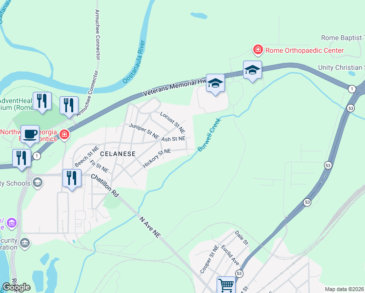 map of restaurants, bars, coffee shops, grocery stores, and more near 53 Hickory Street Northeast in Rome