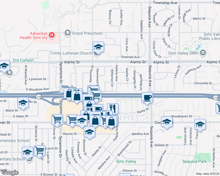 map of restaurants, bars, coffee shops, grocery stores, and more near 2621 Bitternut Circle in Simi Valley