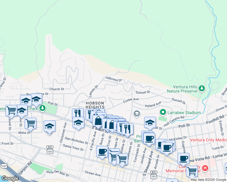 map of restaurants, bars, coffee shops, grocery stores, and more near 1871 Terrace Drive in Ventura