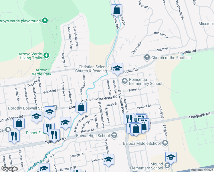 map of restaurants, bars, coffee shops, grocery stores, and more near 331 Drexel Avenue in Ventura
