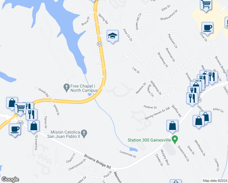 map of restaurants, bars, coffee shops, grocery stores, and more near 1505 Vineyard Way in Gainesville