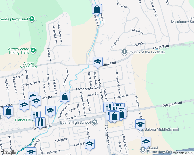 map of restaurants, bars, coffee shops, grocery stores, and more near 312 Regis Avenue in Ventura