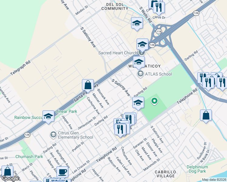 map of restaurants, bars, coffee shops, grocery stores, and more near 10432 New Haven Street in Ventura