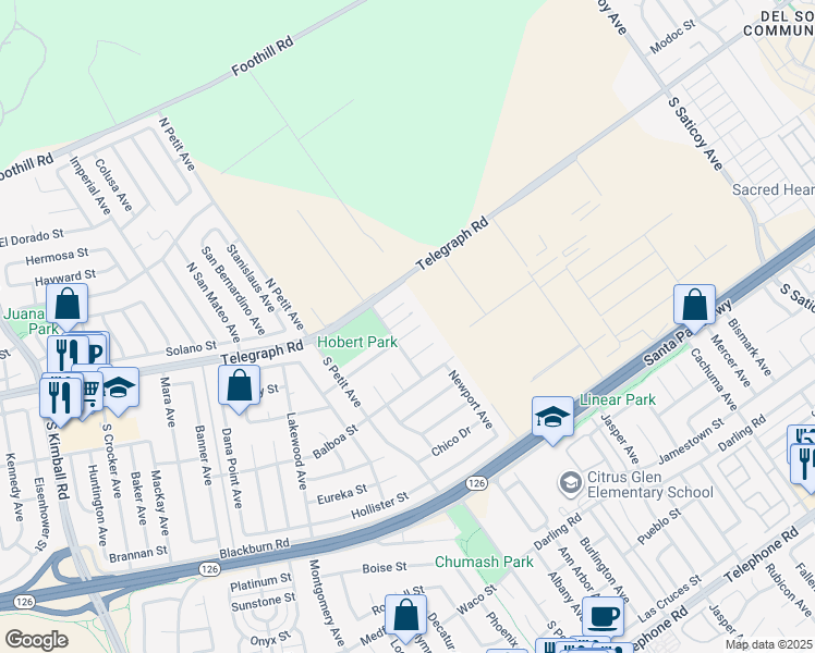 map of restaurants, bars, coffee shops, grocery stores, and more near 9509 El Portal Court in Ventura
