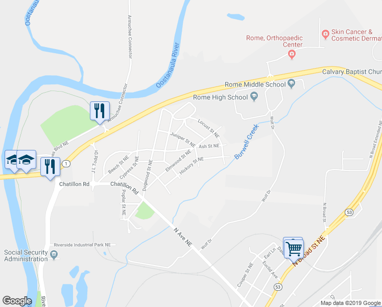 map of restaurants, bars, coffee shops, grocery stores, and more near 35 Elmwood Street Northeast in Rome