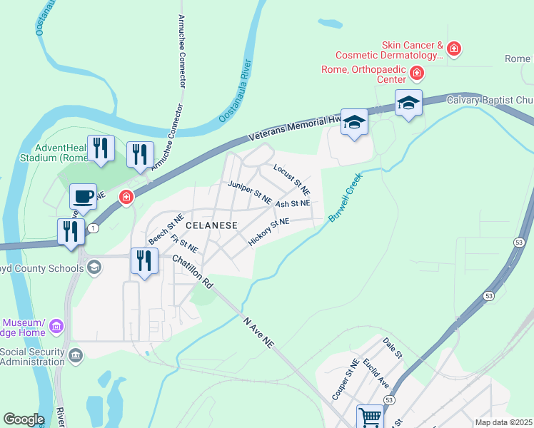 map of restaurants, bars, coffee shops, grocery stores, and more near 35 Elmwood Street Northeast in Rome