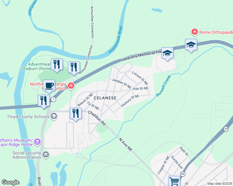 map of restaurants, bars, coffee shops, grocery stores, and more near 18 Elmwood Street Northeast in Rome