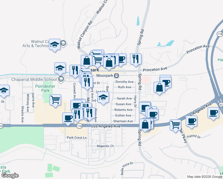 map of restaurants, bars, coffee shops, grocery stores, and more near 431 Millard Street in Moorpark