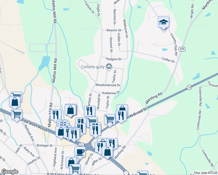 map of restaurants, bars, coffee shops, grocery stores, and more near 305 Katherine Drive in Albertville