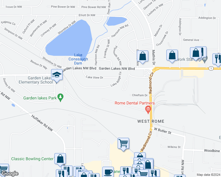 map of restaurants, bars, coffee shops, grocery stores, and more near 2611 Lakeridge Circle Northwest in Rome