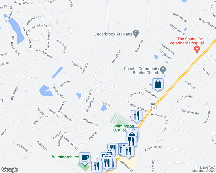 map of restaurants, bars, coffee shops, grocery stores, and more near 7500 Orpin Court in Wilmington