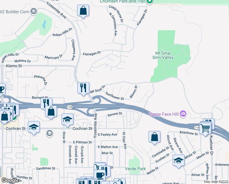 map of restaurants, bars, coffee shops, grocery stores, and more near 2636 Fallen Leaf Court in Simi Valley
