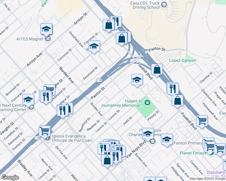 map of restaurants, bars, coffee shops, grocery stores, and more near 11718 Sproule Avenue in Los Angeles