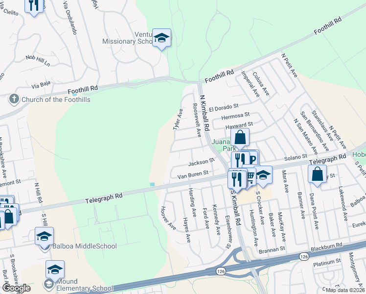 map of restaurants, bars, coffee shops, grocery stores, and more near 7405 Loma Vista Road in Ventura