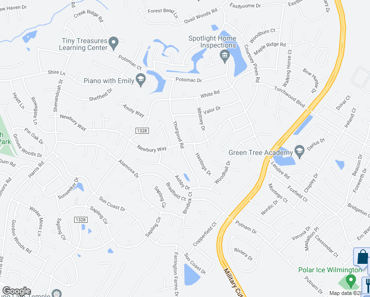 map of restaurants, bars, coffee shops, grocery stores, and more near 7130 Thurgood Road in Wilmington