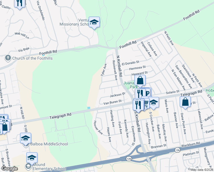 map of restaurants, bars, coffee shops, grocery stores, and more near 7405 Loma Vista Road in Ventura
