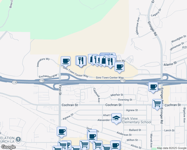 map of restaurants, bars, coffee shops, grocery stores, and more near 1403 Simi Town Center Way in Simi Valley