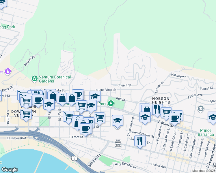 map of restaurants, bars, coffee shops, grocery stores, and more near 1275 Buena Vista Street in Ventura
