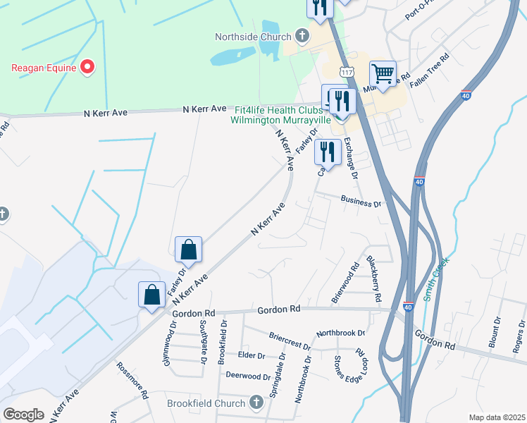 map of restaurants, bars, coffee shops, grocery stores, and more near 1945 North Kerr Avenue in Wilmington