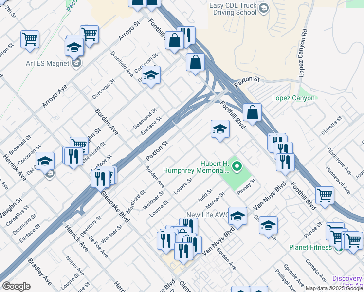 map of restaurants, bars, coffee shops, grocery stores, and more near 11718 Sproule Avenue in Los Angeles