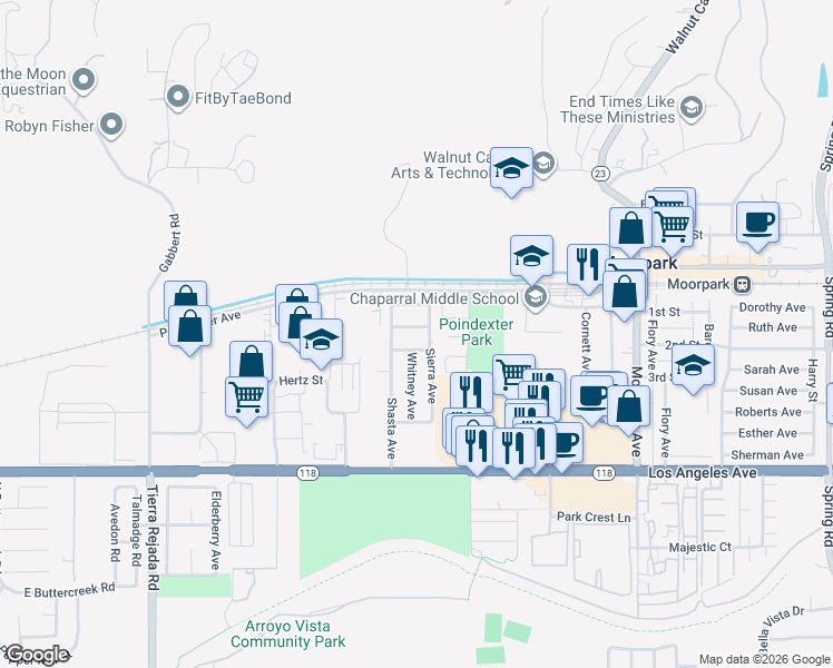 map of restaurants, bars, coffee shops, grocery stores, and more near 670 Diablo Avenue in Moorpark