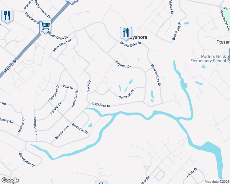 map of restaurants, bars, coffee shops, grocery stores, and more near 505 Belhaven Drive in Wilmington