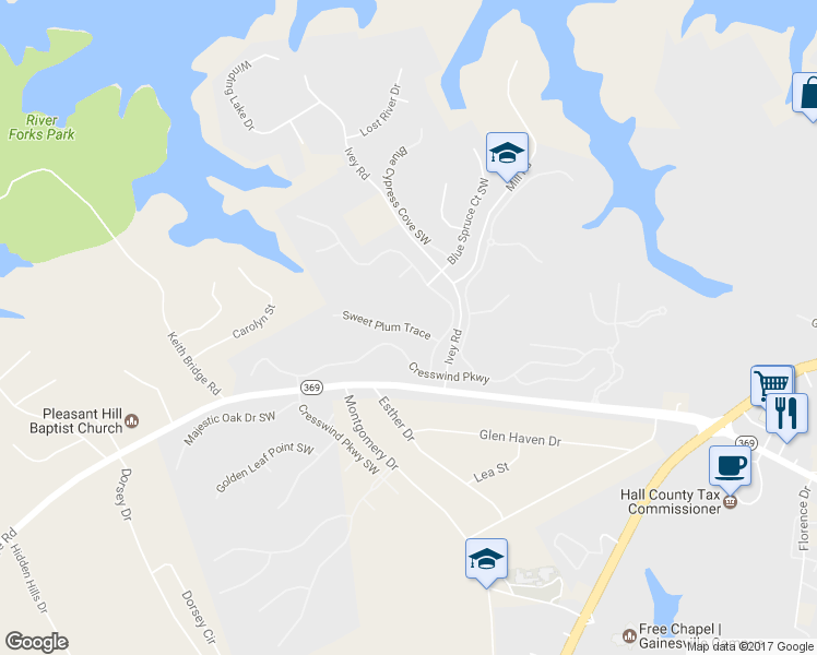 map of restaurants, bars, coffee shops, grocery stores, and more near 3335 Sweet Plum Trace in Gainesville