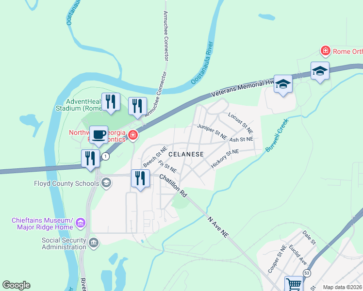 map of restaurants, bars, coffee shops, grocery stores, and more near 48 Ash Street Northeast in Rome