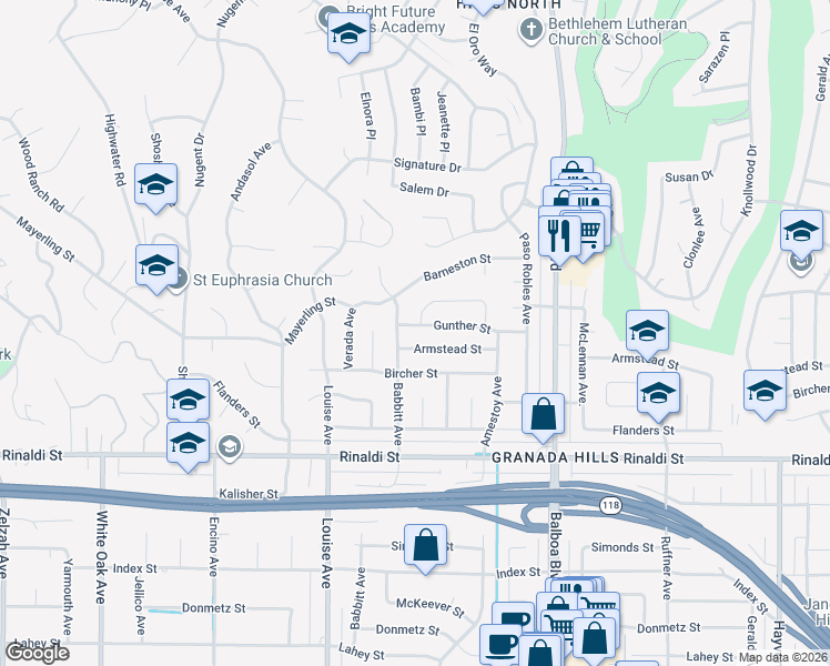 map of restaurants, bars, coffee shops, grocery stores, and more near 17176 Gunther Street in Los Angeles