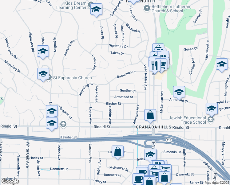 map of restaurants, bars, coffee shops, grocery stores, and more near 17176 Gunther Street in Los Angeles