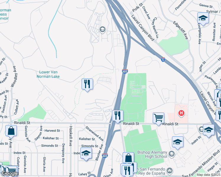 map of restaurants, bars, coffee shops, grocery stores, and more near 15649 Odyssey Drive in Los Angeles