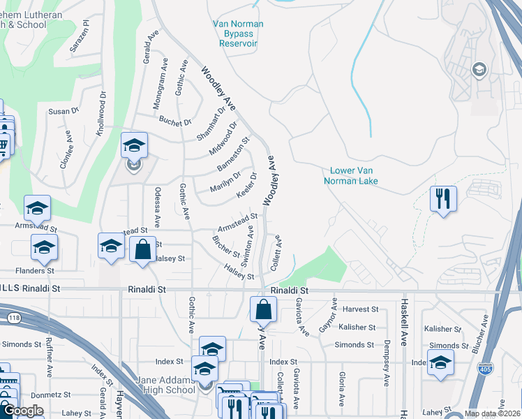 map of restaurants, bars, coffee shops, grocery stores, and more near 11727 Woodley Avenue in Los Angeles