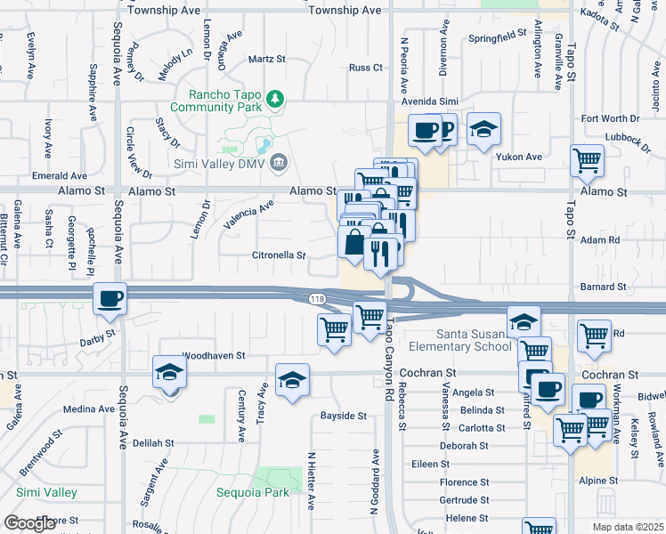 map of restaurants, bars, coffee shops, grocery stores, and more near 3891 Citronella Street in Simi Valley