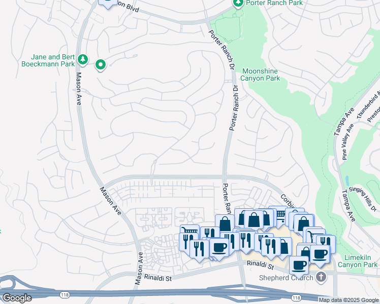 map of restaurants, bars, coffee shops, grocery stores, and more near 20229 Jubilee Way in Los Angeles