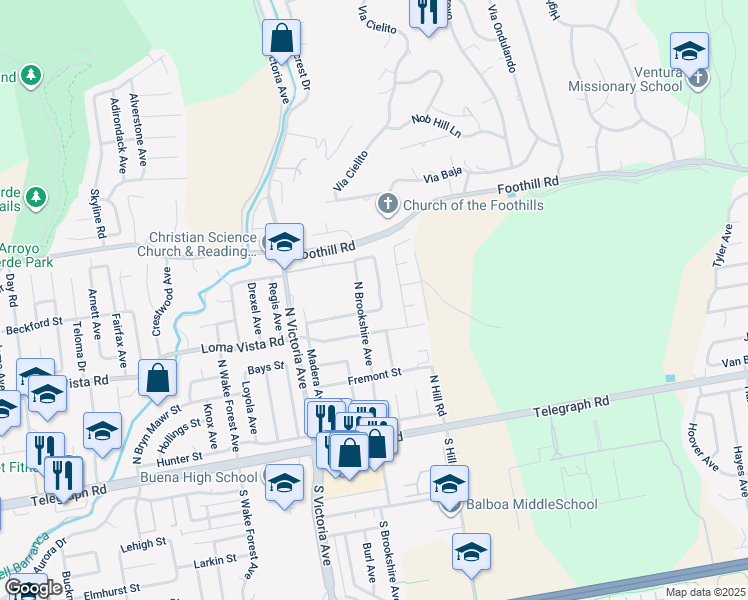 map of restaurants, bars, coffee shops, grocery stores, and more near 245 Donner Avenue in Ventura