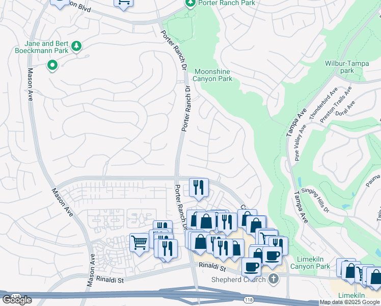 map of restaurants, bars, coffee shops, grocery stores, and more near 19939 Ahwanee Lane in Los Angeles