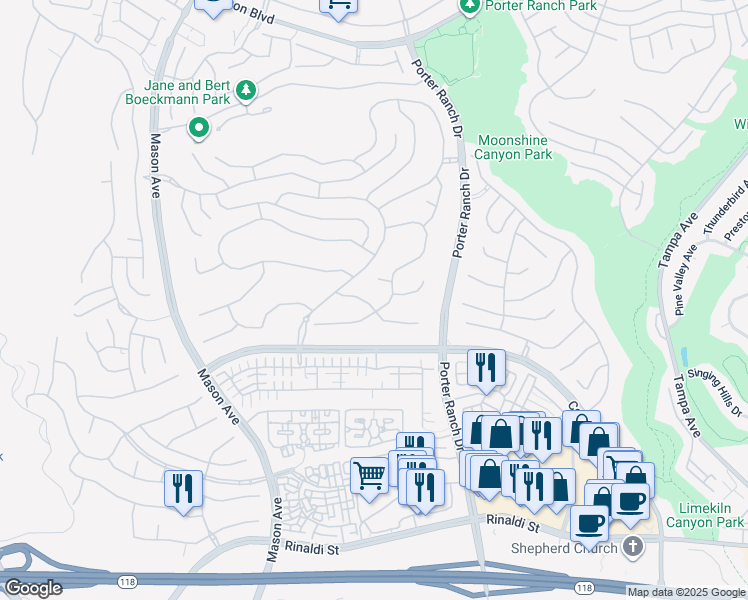 map of restaurants, bars, coffee shops, grocery stores, and more near 20229 Jubilee Way in Los Angeles