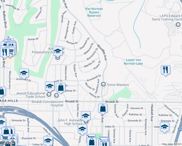 map of restaurants, bars, coffee shops, grocery stores, and more near 16326 Keeler Drive in Los Angeles