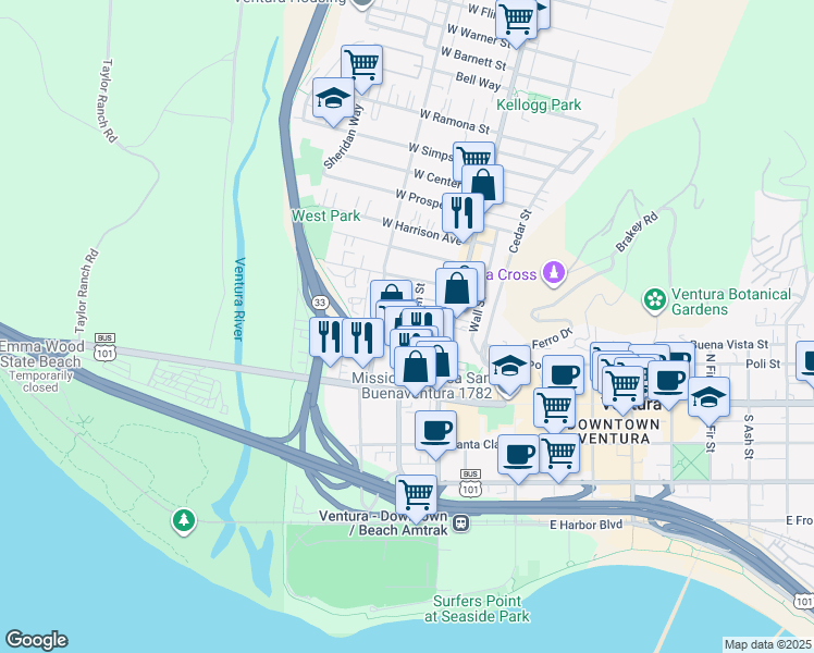 map of restaurants, bars, coffee shops, grocery stores, and more near 220 North Olive Street in Ventura