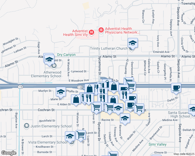 map of restaurants, bars, coffee shops, grocery stores, and more near 2624 Night Jasmine Drive in Simi Valley